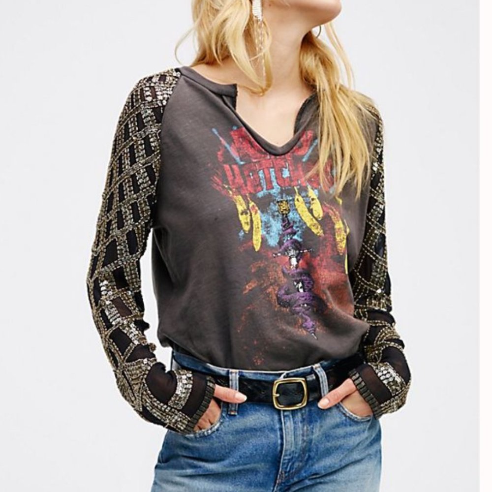 Free People Taking Sides Sequins Shirt Large